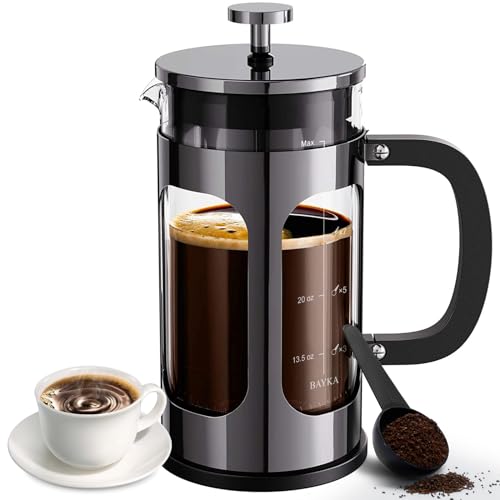 BAYKA 34 Ounce 1 Liter French Press Coffee Maker, Glass Classic Dark Pewter Stainless Steel Coffee Press, Cold Brew Heat Resistant Thickened Borosilicate Coffee Pot for Camping Travel Gifts