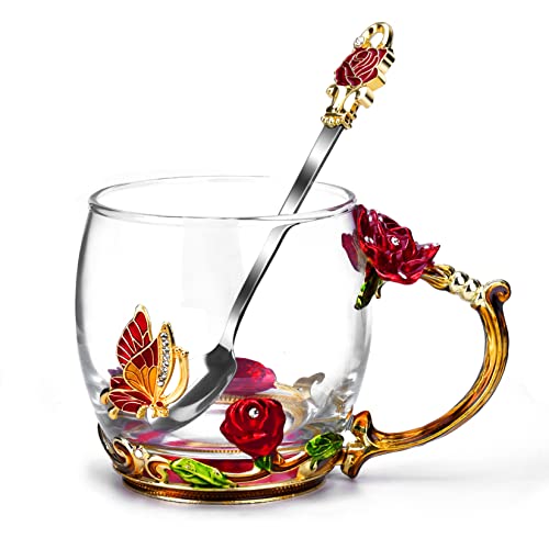 OEAGO Gifts for Mom Women Mothers Day Glass Coffee Enamels Mug Best Birthday Butterfly Rose Gifts for Her from Daughter Son Lead-Free Valentines Day Christmas Red Tea Cup with Spoon Set