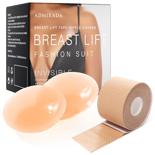 Boob Tape, Boobytape for Breast Lift, Breast Lift Tape with with 2 Pcs Sticky Adhesive Silicone Reusable Nipple Covers Beige