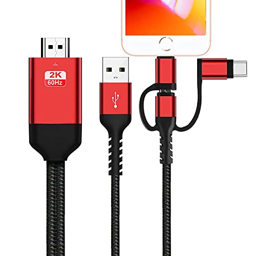 holylife 3 in 1 HDMI Cable Adapter Type C/Micro USB/Phone MHL to Mirroring Phone TV/Projector/Monitor HDTV 1080P Compatible with SeriesxS/Android 5.0 and IO'S9 Above,6.6 Feet (Red1), 3.3