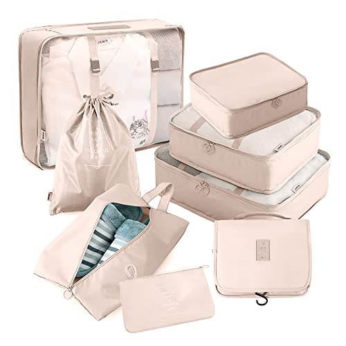 Packing Cubes for Travel, AVITORO 8 Pcs Travel Suitcases Lightweight Essential Bag with Toiletries Clothes Shoes Cosmetics Toiletries, For 18-32'' Luggage (Beige)