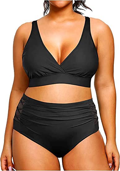 Yonique Womens Plus Size Bikini High Waisted Swimsuits Two Piece Bathing Suits Tummy Control Swimwear Black 16Plus