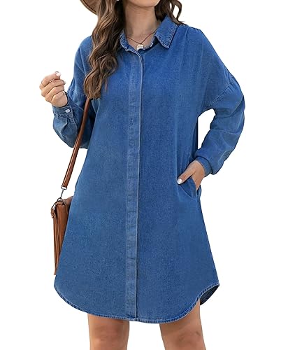 KDF Denim Dress for Women Long Sleeve Denim Shirt Dresses Women with Pockets Button Down Babydoll Jean Dresses for Women 2023 Medium Blue Size Medium