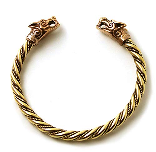 LynnAround Bronze Norse Nordic Viking Fenrir Wolf Head Twisted Cable Bangle Cuff Bracelet Arm Ring Pagan Jewelry (7 Inches)