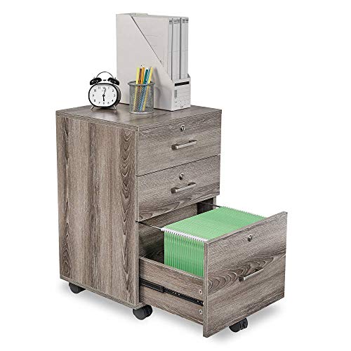 Bonnlo 26'H 3 Drawer File Cabinet with Lock, Rolling File Cabinet Under Desk, Mobile File Cabinets for Home Office, Wood File Cabinet Printer Stand for Letter Size Filings, Assembly Required, Gray Oak