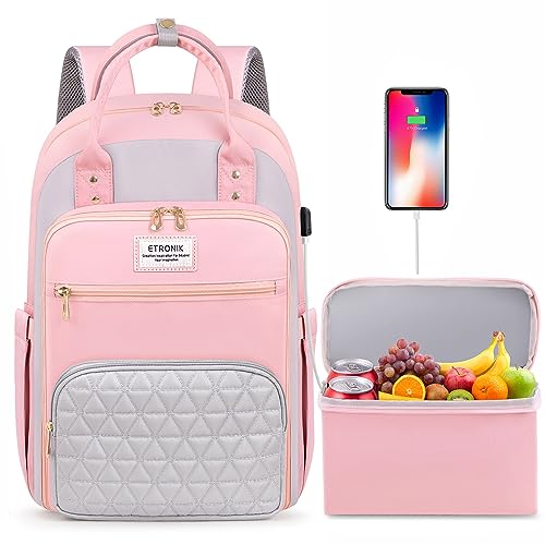 ETRONIK Lunch Backpack for Women, 15.6 inch Laptop Backpack with USB Port, Work Backpack for Women Men Travel Backpack with Insulated Cooler Lunch Bag for Nurse Teacher Gifts, Pink