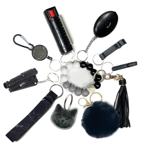 Safety Keychain Set for Woman with Personal Safety Alarm, Pom Pom and Locking Carabiner Clip and Whistle—Black