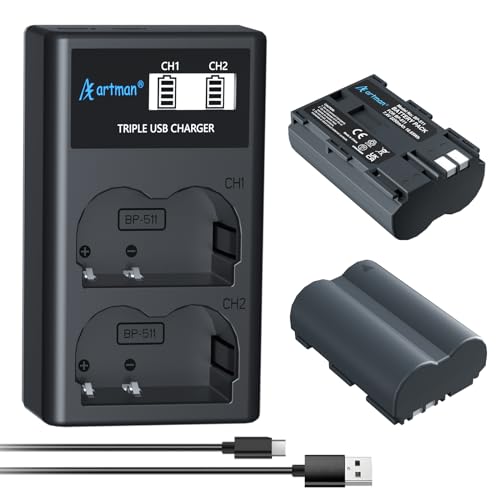 Artman BP-511 BP-511A Battery 2-Pack 2250mAh and USB-C Dual LCD Charger for Canon EOS 5D 50D 40D 30D 20D 10D Rebel 1D D60 300D D30 G5 Pro1 G1 G2 G3 G6 Pro90 | Not Compatible with 5D Mark II/III/IV