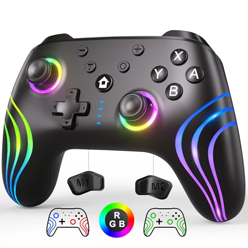 SWANPOW Switch Controllers Compatible with Switch/Lite/OLED, Wireless Switch Pro Controller with Full RGB Line Breathing LED, Programmable, 6-Axis, Adjustable Turbo, 4-Speed Dual Vibration, Wake Up