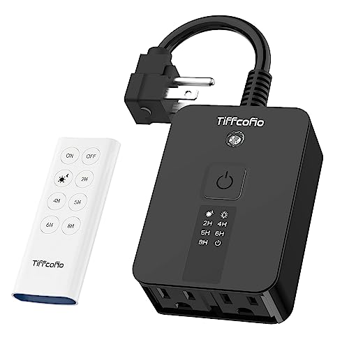 TiFFCOFiO Outdoor Timer Waterproof, Remote Control Dusk to Dawn Sensor Countdown, 100 ft Range, 2 Grouded Electrical Outlets for Home and Garden, 15A 1/2HP, Heavy Duty, CSA Listed