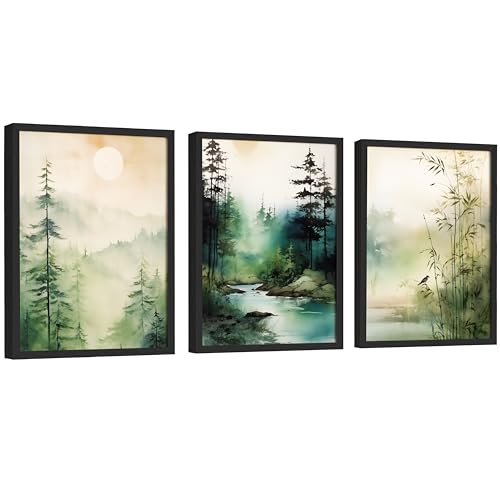 EXCOOL CLUB Japanese Wall Art - 12x16 Abstract Mountain Landscape Wall Art, Green Nature Pictures Wall Decor, Japandi Style Hom Decor, Watercolor Forest Scenery Prints Landscape Poster for Bedroom