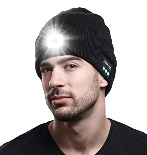 Bluetooth Beanie with Light, Unique Tech Gifts for Men Husband Him Teen, Wireless Headphones for Fishing Jogging Working, Christmas Stocking Stuffers Black