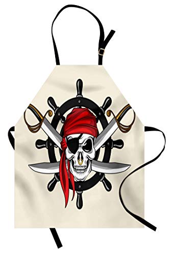 Lunarable Skull Apron, Pirate Themed Scarf Wheel Violence Sea Sail Adventure Illustration, Unisex Kitchen Bib with Adjustable Neck for Cooking Gardening, Adult Size, Cream Black