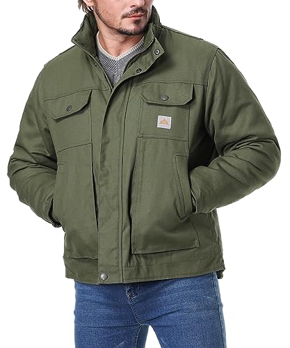 MOERDENG Men's Full Swing Relaxed Fit Coat Quilted Flannel Lined Active Jacket Waterproof Cotton Duck Workwear（Army Green，XL）