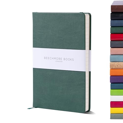BEECHMORE BOOKS Ruled Journal Notebook - A5 Green 160 Lined Pages 8.3 x 5.8 inch | Hardcover Leather Daily Journals For Writing - Thick 120gsm Cream Paper | Gifts for Men, Women, Notebooks For Work