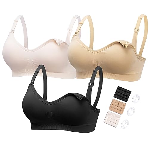HOFISH 3 Pack Seamless Clip Down Deep V Neck Push Up Plus Size Nursing Bra Maternity Bras 3PACK Inlcuding Extenders & Clips, 3pcs/Pack (Push Up:Pink-Black-Beige), Small