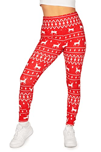 Tipsy Elves Womens Cute Red & White Reindeer High Waisted Leggings with Hidden Waistband Key Pocket Size Large