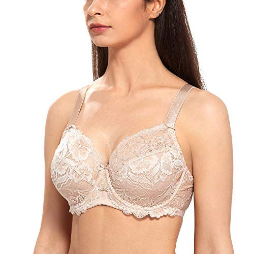 DELIMIRA Women's Plus Size Bras Full Coverage Lace Underwire Unlined Bra Beige 36E