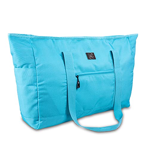 Large Canvas Tote Beach Bag - Top Zipper Closure - Waterproof Lining - XL Tote Bag With Many Pockets For Beach Gym And Travel (Turquoise)