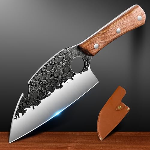 VARLEA Meat Cleaver Boning Knife Hand Forged Butcher Chef Knife High Carbon Steel Full Tang with Leather Sheath Outdoor Knife for Kitchen Camping