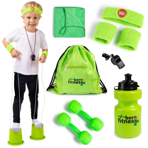 Born Toys Complete Kids Exercise Equipment Set & Kids Workout Equipment Includes Kids Jump Rope, Dumbbell Water Bottles, Hula Hoops for Kids, Sweat Bands, Kids Gym Bag, Skip It for Kids Ages 3-7