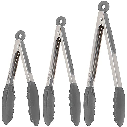 Silicone Kitchen Tongs for Cooking with Silicone Tips, Heat Resistant Tongs for Serving Food, 7-Inch, 9-Inch, 12-Inch Locking Silicone Tongs, Set of 3 Salad Tongs, Grey Kitchen Utensils