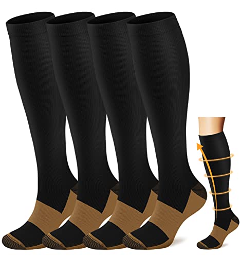ACTINPUT Copper Compression Socks Men Women Circulation 4 Pairs-Best Support for Nurses,Runningl,Cycling(Black, Large/X-Large)