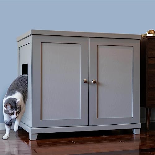 THE REFINED FELINE Cat Litter Box Enclosure Cabinet, Modern, Smoke Gray, Tapered Feet, XLarge, Hidden Litter Cat Furniture with Drawer
