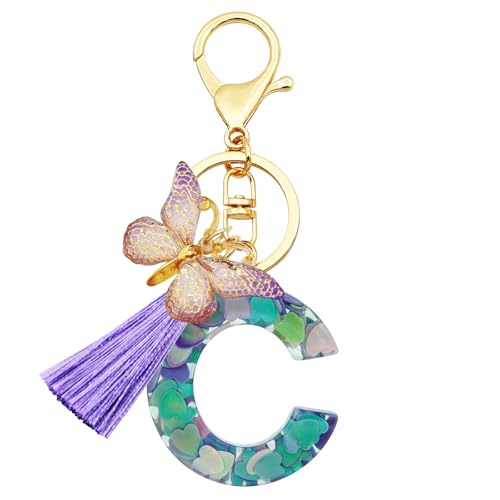 MTHKD Initial Letter Keychains for Girls Women Purple Butterfly Alphabet Keychain Backpack School Bag Keychain for Book Bag (Purple-green C)