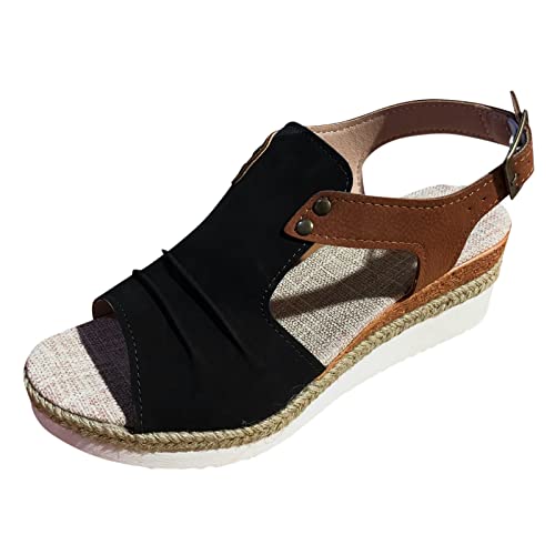 Women Round Toe Platform Wedge Sandal Open Toe Espadrille Wedge Sandals Comfy Walking Sandals for Indoor and Outdoor 07_Black, 39