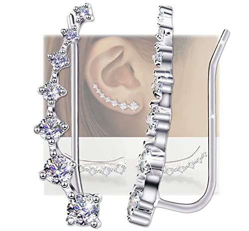 7 Crystals Ear Cuffs Hoop Climber S925 Sterling Silver Cartilage Earrings with Cubic Zirconia Piercing CZ Hypoallergenic Earring for Women