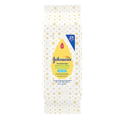 Johnson's Baby Head-to-Toe Gentle Baby Cleansing Cloths, Hypoallergenic and Pre-Moistened Baby Bath Wipes, Free of Parabens, Phthalates, Alcohol, Dyes and Soap, 15 ct