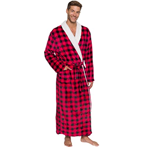Ross Michaels Mens Robe Big & Tall Buffalo Plaid Sherpa Lined Hooded Robe - Long Plush Fleece Bathrobe (Red/Black, 2X-3X-Large)