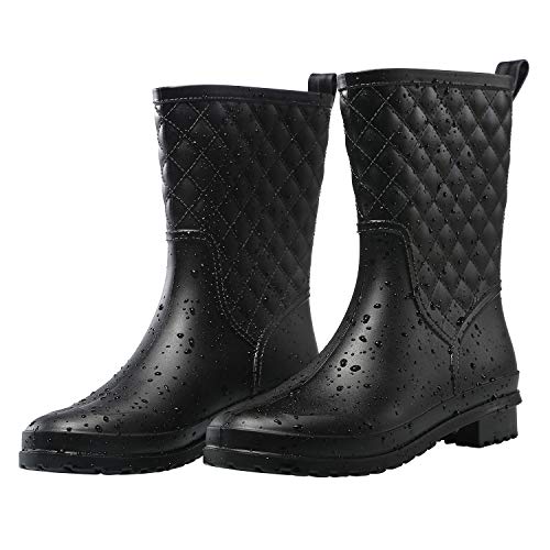 Petrass Women Rain Boots Black Waterproof Mid Calf Lightweight Cute Booties Fashion Out Work Comfortable Garden Shoes, Black 7