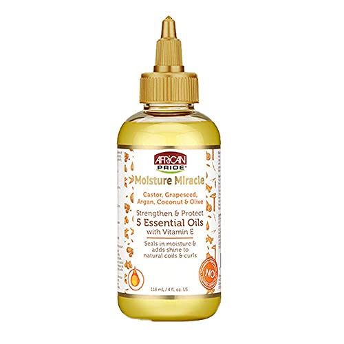 African Pride Moisture Miracle 5 Essential Oils - Contains Castor, Grapeseed, Argan, Coconut & Olive Oil, Seals in Moisture & Adds Shine to Hair, Vitamin E, 4 oz