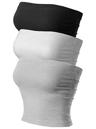 MixMatchy Women's Solid Casual Summer Side Shirring Scrunched Double Layered Tube Top 3PACK - Black/H.Grey/White S