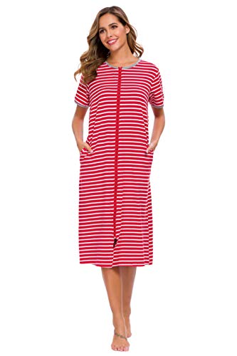 Vslarh Women Short Sleeve Zip Front Nightgowns Full Length Cotton Robes Loose Housecoat Loungewear with Pockets (Red,Large)