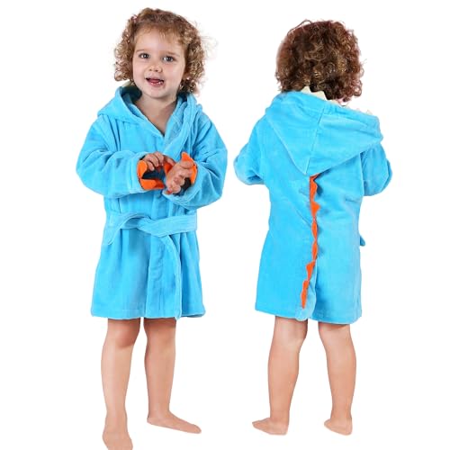 MICHLEY Girls Boys Robe Cotton Towel Kids Animal Dinosaur Style Hooded Bathrobe, Blue, Large / 3-5 Years