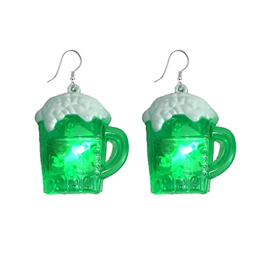 St. Patrick's Day Beer Cup Dangle Earrings Light-Up LED Plastic Green Irish Clover Dangling Drop Hook Earrings Studs Holiday Earrings Party Accessories Jewelry Gifts for Women Girls