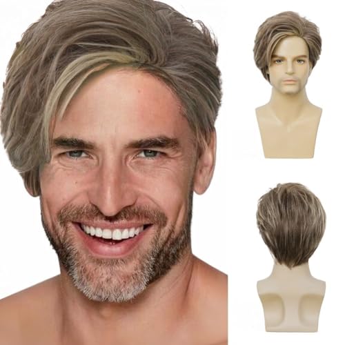 Swiking Men Wig Short Blonde Brown Layered Natural Synthetic Hair Full Wigs for Male Guy Daily Party Wear (Brown Blonde)
