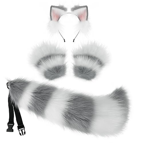 JUNBOON Faux Fur Cat Ears and Wolf Fox Tail Set Adult Claw Glove Kit for Halloween Anime Cosplay Party