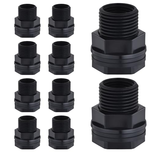 10 Pack Bulkhead Fitting, Garden Hose Threaded 3/4 Inch Male GHT x 1/2 Inch Female NPT Double Threaded Bulkhead Water Tank Connector for Rain Barrels Water Tank Pond Aquarium Tubs Pools Spigot