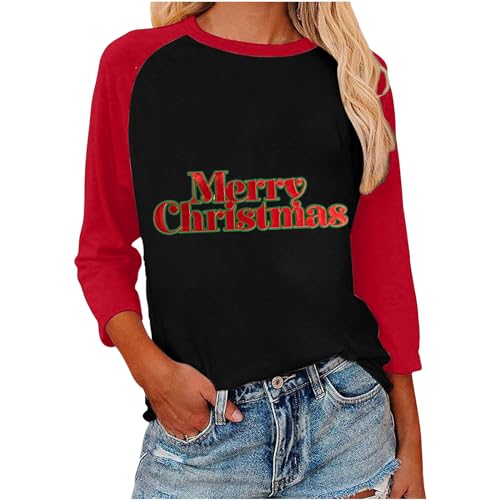 HGps8w Merry Christmas Shirts for Women Funny Letter Printed Crewneck Sweatshirt Pullover Raglan Long Sleeve Tee Shirt Tops