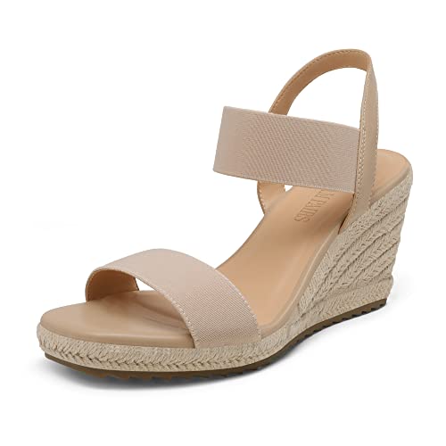 DREAM PAIRS Womens Open Toe Espadrilles Dressy Platform Sandals Slip on Elastic Ankle Strap Wedges Sandals SDPW222W Nude Size 9.5