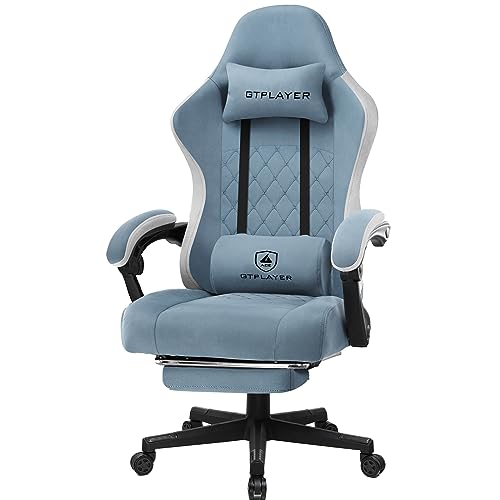 GTPLAYER Gaming Chair with Footrest Fabric Office Chair with Pocket Spring Cushion and Linkage Armrests, High Back Ergonomic Computer Chair with Lumbar Support Task Chair (Light Blue)