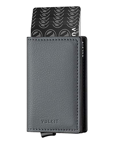 VULKIT Credit Card Holder RFID Blocking Leather Automatic Pop Up Wallet Aluminum Slim Pocket Bifold Business Card Case Iron Grey