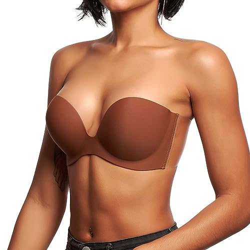 JUST BEHAVIOR Adhesive Bra Strapless Sticky Invisible Push up Silicone Bra for Backless Wedding Dress Brown C Cup