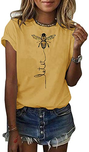 Pfvkeree Womens Cute Bee Graphic Tee Shirts Short Sleeve Let It Bee Funny Letter Print Summer T-Shirt Tops Yellow