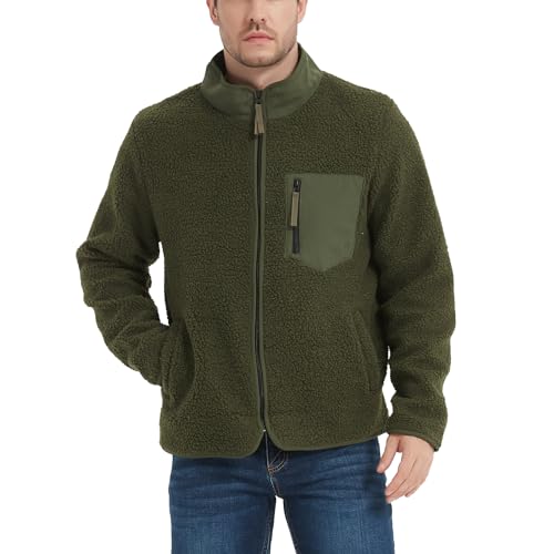 MADHERO Men's Sherpa Sweatshirt Fuzzy Faux Fur Long Sleeve Stand Collar Jacket Full Zip Army Green Size L