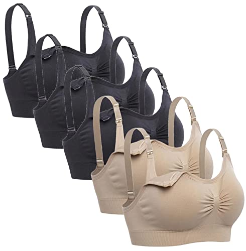 Lataly Womens Sleeping Nursing Bra Wirefree Breastfeeding Maternity Bralette Pack of 5 Color Black Beige Size L